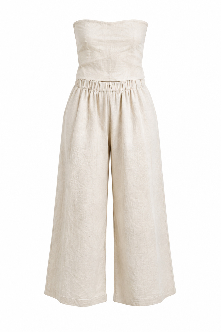 Lounge Linen Strapless Top & Wide Leg Pant Set in Tan - US 4 (Like New)
